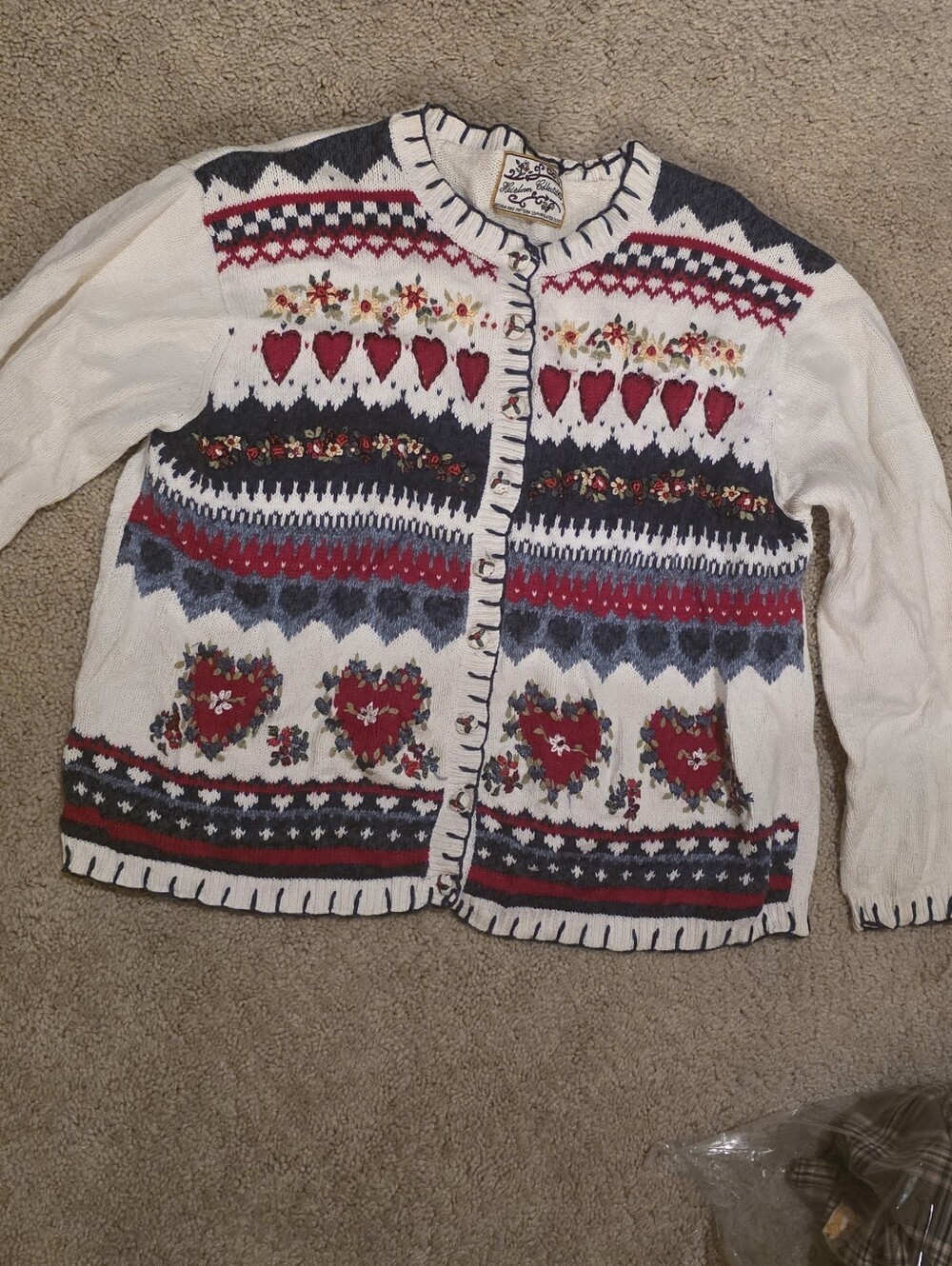 Heirloom Collectibles Embroidered Hearts Cardigan Sweater